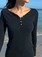 Sarah Express Women's Striped Long Sleeve Henley T-Shirt