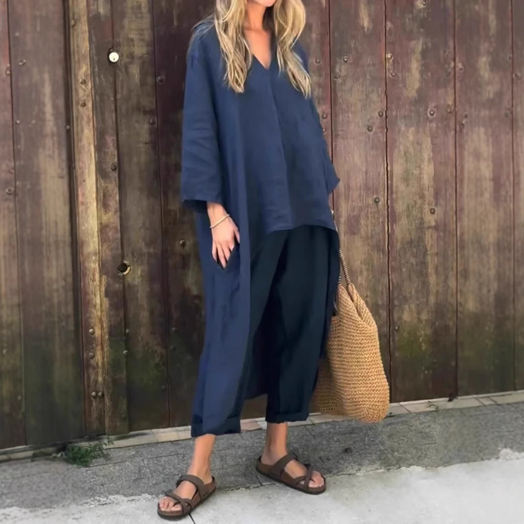 Two Piece Outfit V-Neck Tunic Top Wide Leg Pants Set Women's