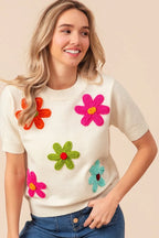 Sarah Express Women’s Short Sleeve Sweater with Crochet Flower Patches
