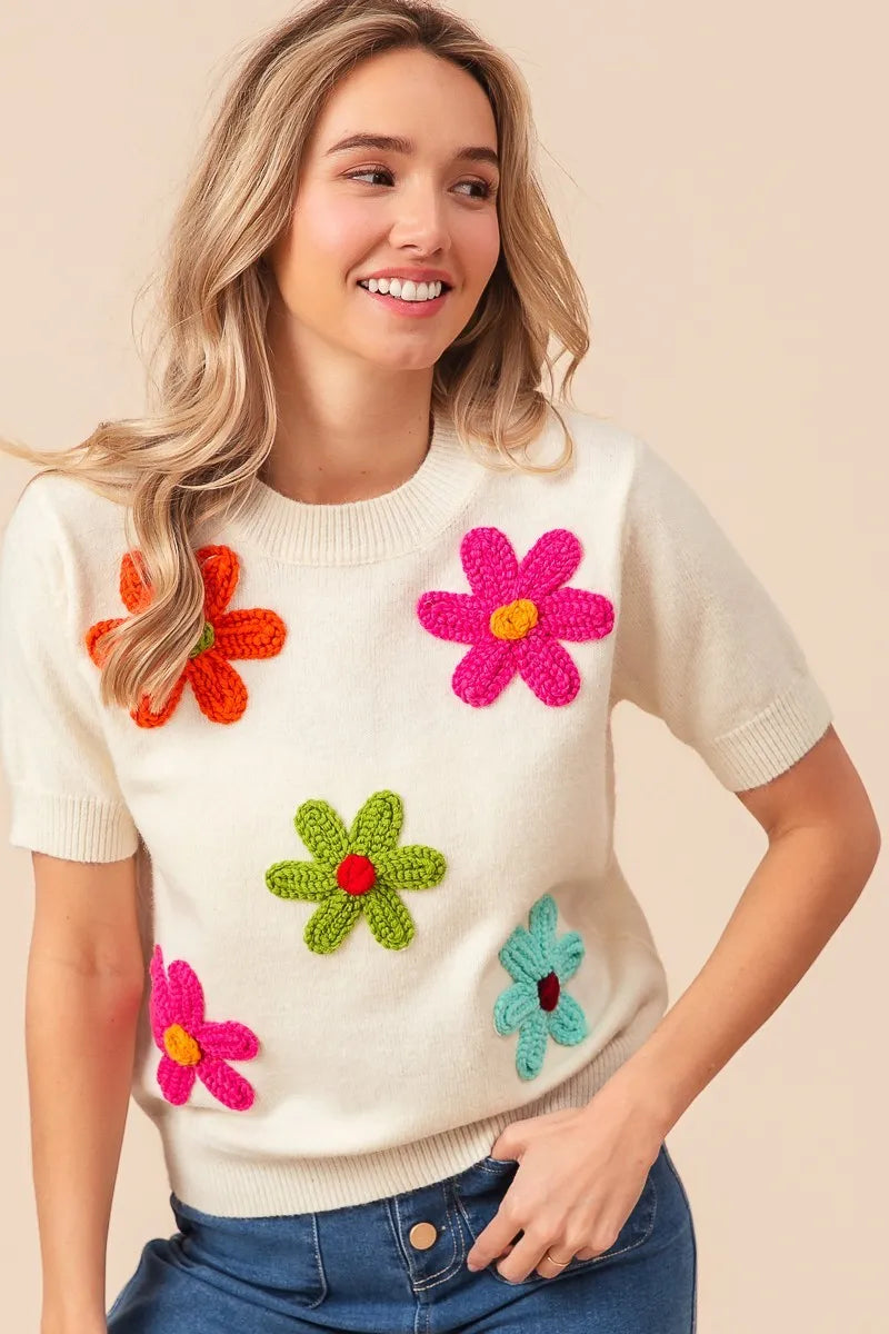 Sarah Express Women’s Short Sleeve Sweater with Crochet Flower Patches
