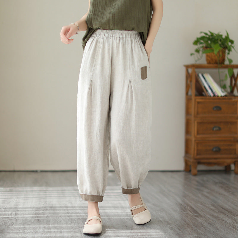 Women's High Waist Cropped Pants Loose Fit Cotton Linen - Casual Plus Size Ankle Length