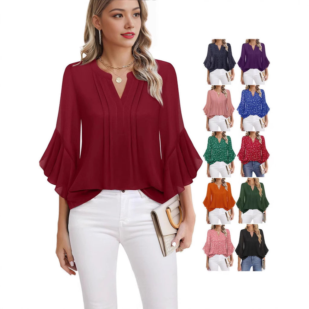 Women's Lotus Leaf Ruffle Sleeve Pullover Top Loose Fit 3/4 Sleeve