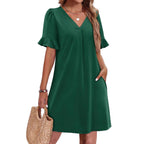 Women's V-Neck Ruffled A-Line Dress with Pockets Vacation Casual Short Sleeve