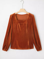 Sarah Express Women's Velvet Ribbed Texture Square Neck Slim Puff Sleeve Top