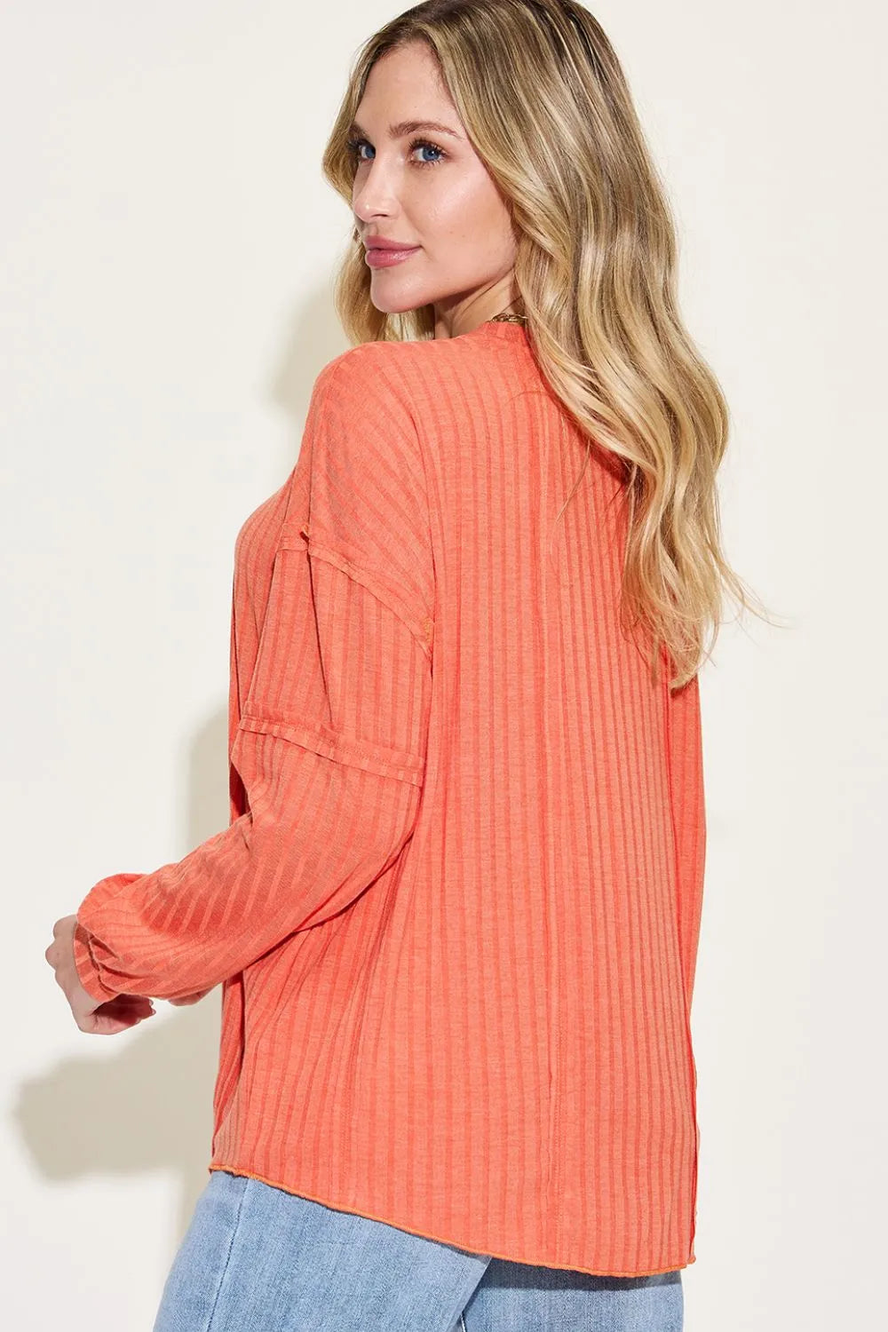 Sarah Express Women’s Plus Size Ribbed Long Sleeve T-Shirt with Exposed Seam
