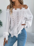 Sarah Express Women's Distressed Hem Openwork Off-Shoulder Sweater