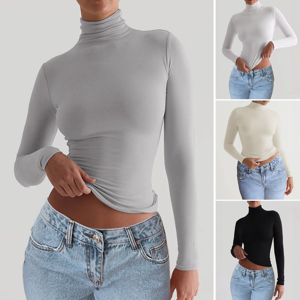 Women's Slim-Fit Solid Color Knitted Long Sleeve Shirt