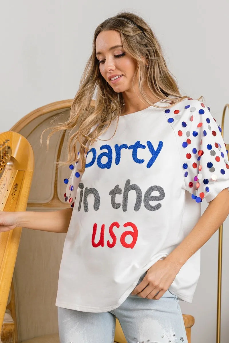 Sarah Express Women’s "Party In The USA" Spangle Puff Sleeve Top