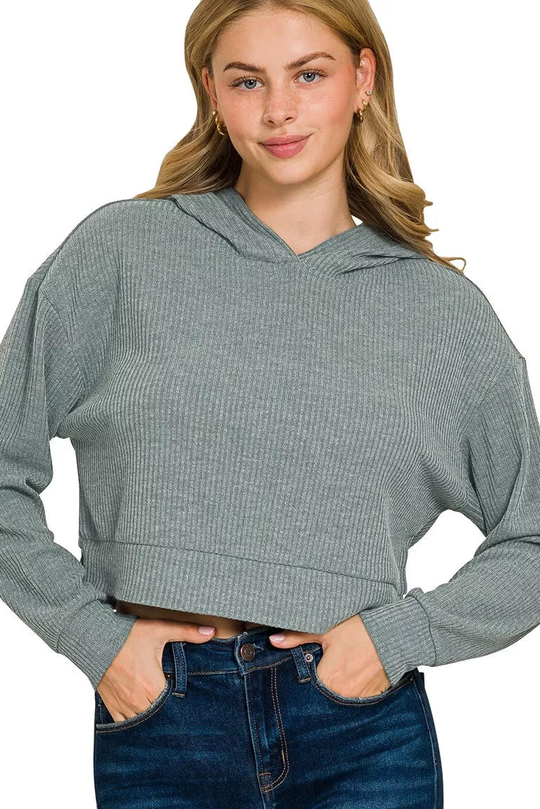 Sarah Express Women’s Ribbed Drop Shoulder Cropped Hoodie Casual