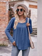 Sarah Express Women's Square Neck Long Sleeve T-Shirt - Ruched Design Dark Blue