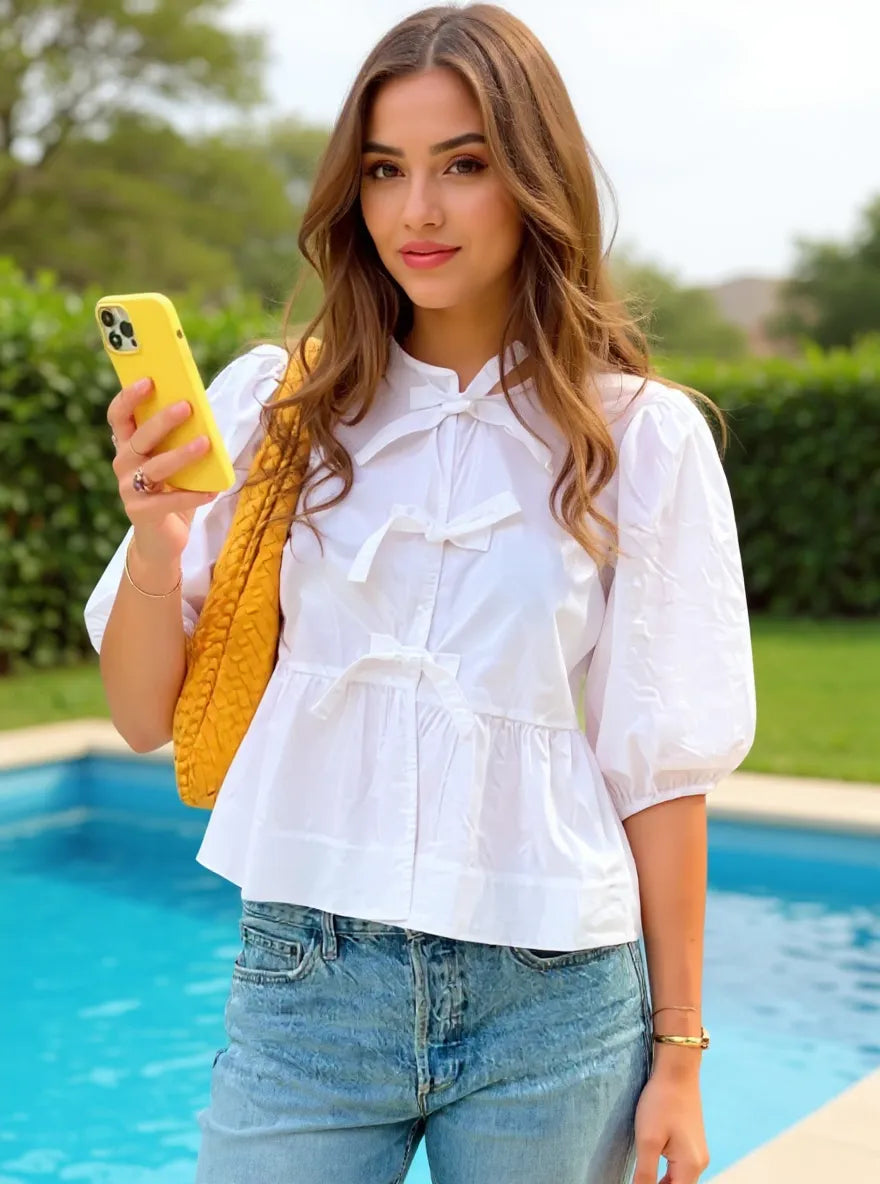 Sarah Express Women's Puff Sleeve Bow Tie Blouse White