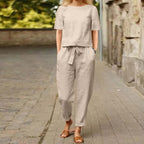 Sarah Express Women's Cotton Linen Top and Wide-Leg Pants Two-Piece Casual Set