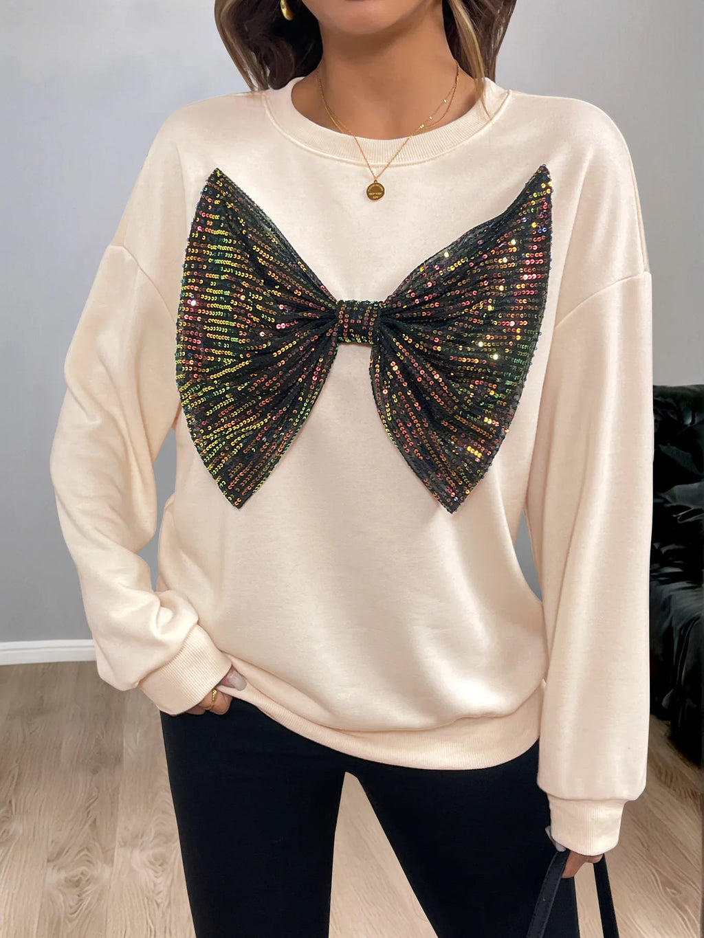 Sarah Express Women's Sequined Bow Round Neck Sweatshirt