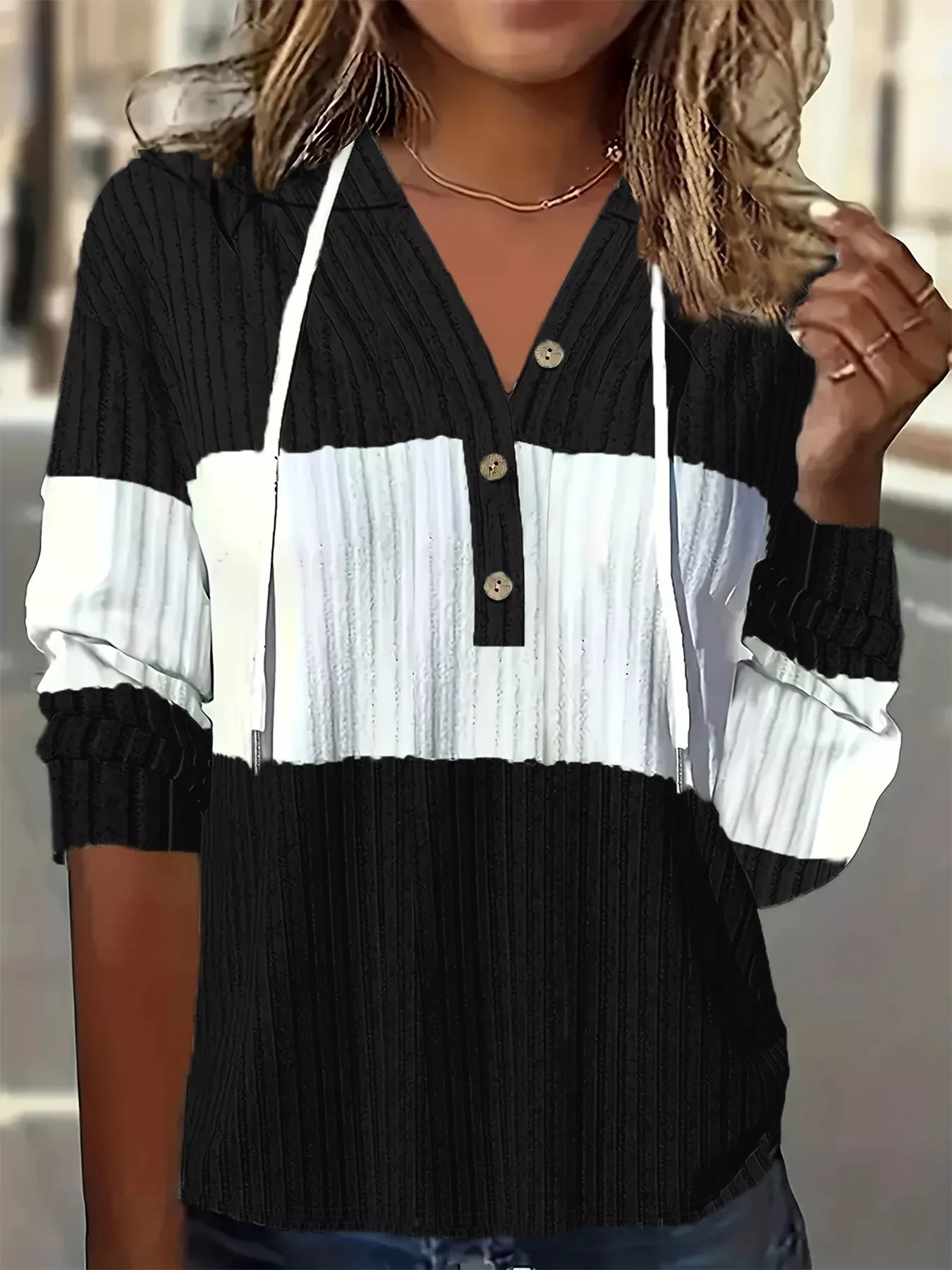 Sarah Express Women's Color Block Drawstring Long Sleeve Hoodie Black