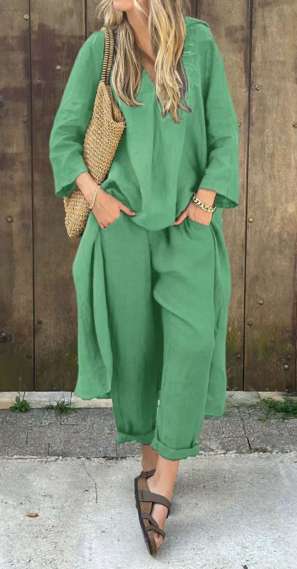 Two Piece Outfit V-Neck Tunic Top Wide Leg Pants Set Women's