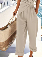 Sarah Express Women's Surplice Short Sleeve Top and Pants Set - Two Piece Outfit