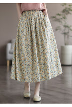 Floral Print Cotton Midi Skirt Elastic Waist Women's