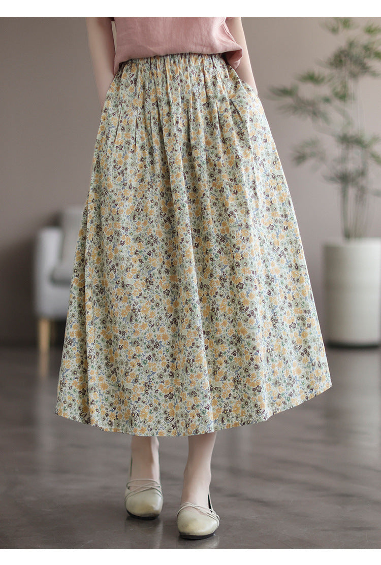 Floral Print Cotton Midi Skirt Elastic Waist Women's