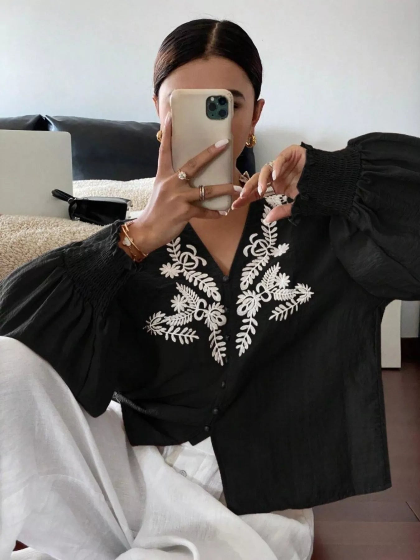 Sarah Express Women's Embroidered Long Sleeve Blouse