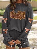 Sarah Express Women's Thankful Letter Patched Sequin Bow Sleeve Twisted Ribbed Top and Short Set Dark Gray