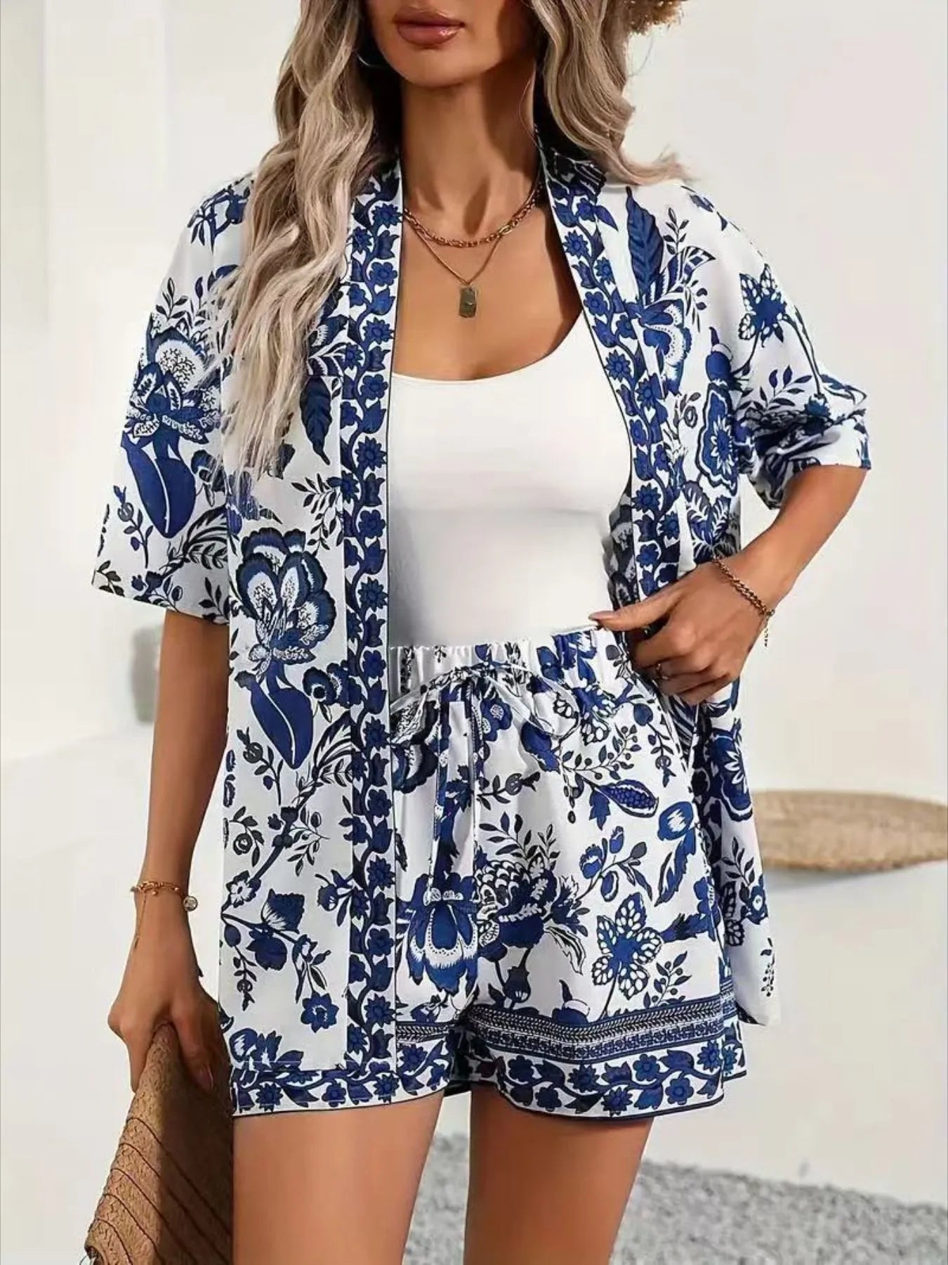 Sarah Express Women's Printed Open Front Cardigan and Shorts Set Peacock Blue