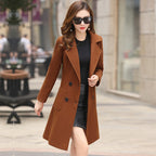 Women's Vintage Windbreaker Knee Length Tweed Coat Double Breasted Long Sleeve
