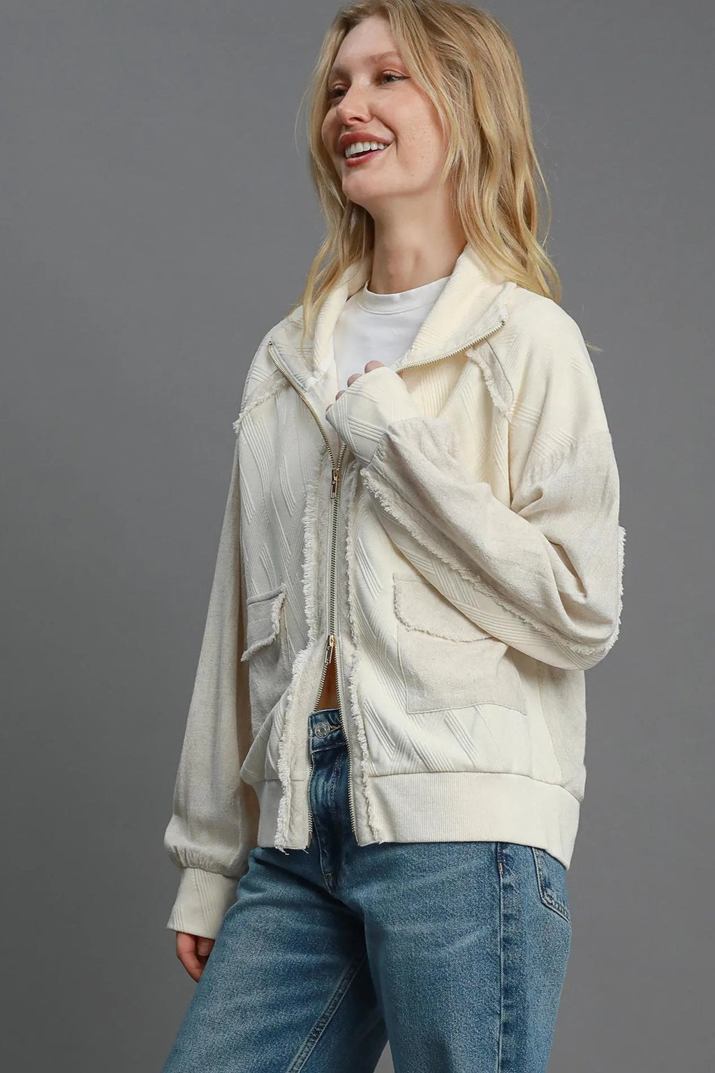 Sarah Express Women’s Linen Blend Jacquard Jacket with Two-Way Zipper