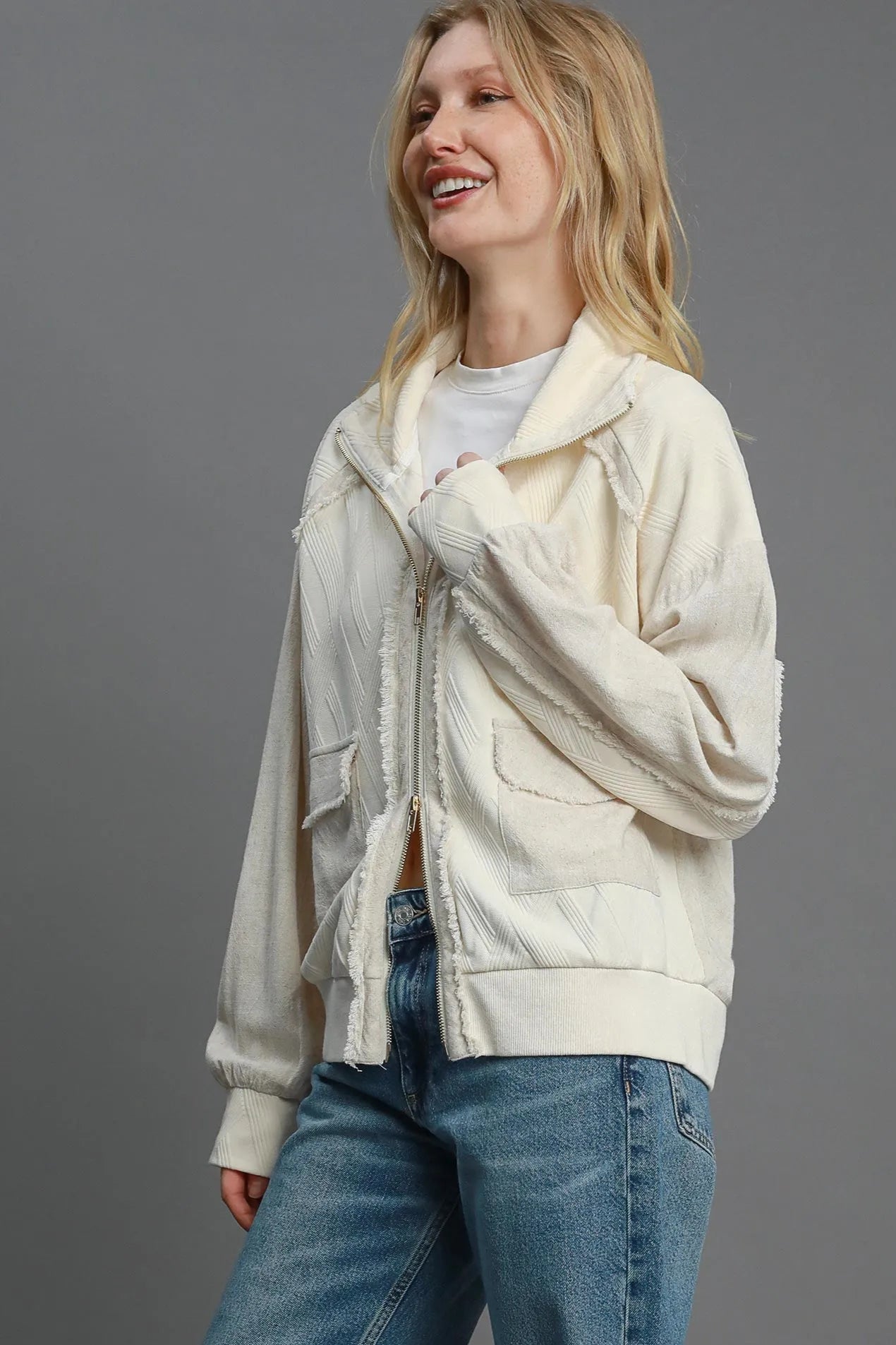 Sarah Express Women’s Linen Blend Jacquard Jacket with Two-Way Zipper