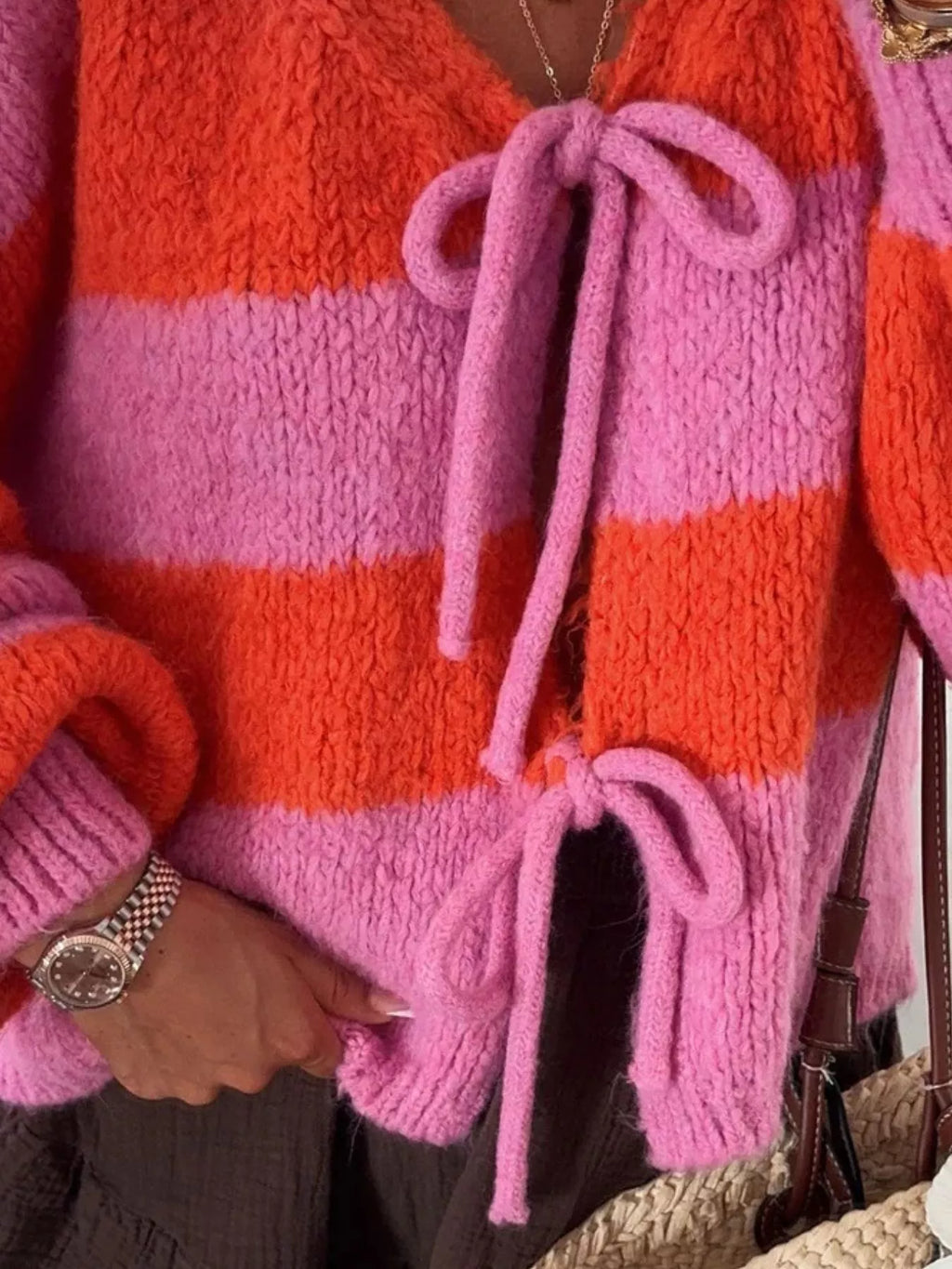 Sarah Express Women's Striped Tie-Front Knit Cardigan