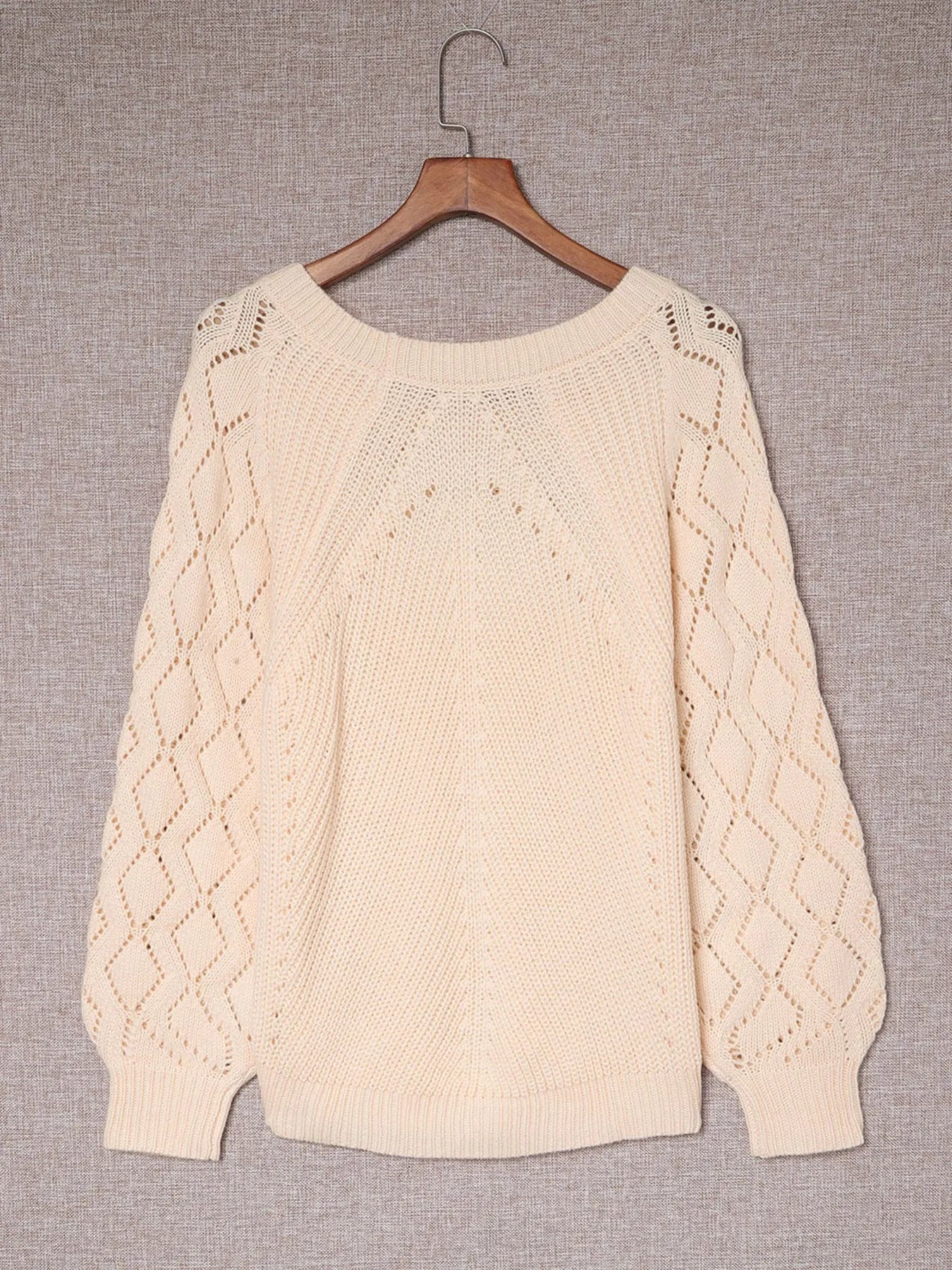 Sarah Express Women's Openwork Round Neck Long Sleeve Sweater