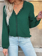 Sarah Express Women's Lace Detail V-Neck Long Sleeve Blouse Dark Green