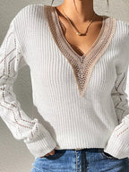 Sarah Express Women's V-Neck Hollow Knit Sweater - Openwork Design