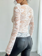 Sarah Express Women's Lace Deep V-Neck Long Sleeve T-Shirt