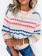 Sarah Express Women's Stripe Eyelet Patterned Drop Shoulder Sweater Stripe