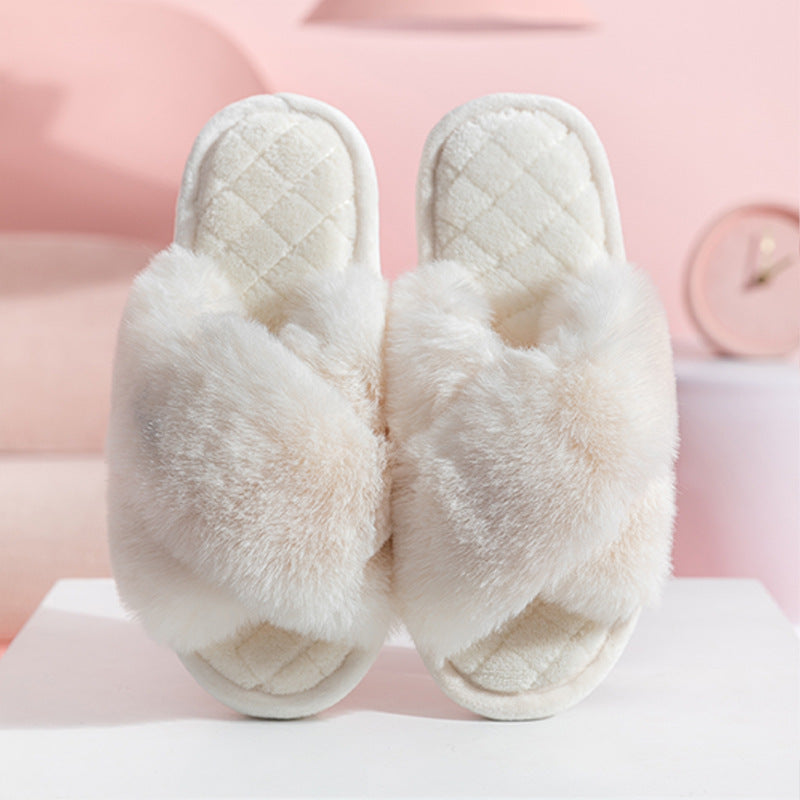 Sarah Express Furry Cross-Strap Plush Slides Indoor Slippers White