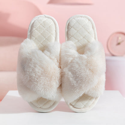 Sarah Express Furry Cross-Strap Plush Slides Indoor Slippers White