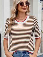 Sarah Express Women's Striped Casual T-Shirt with Contrast Trim