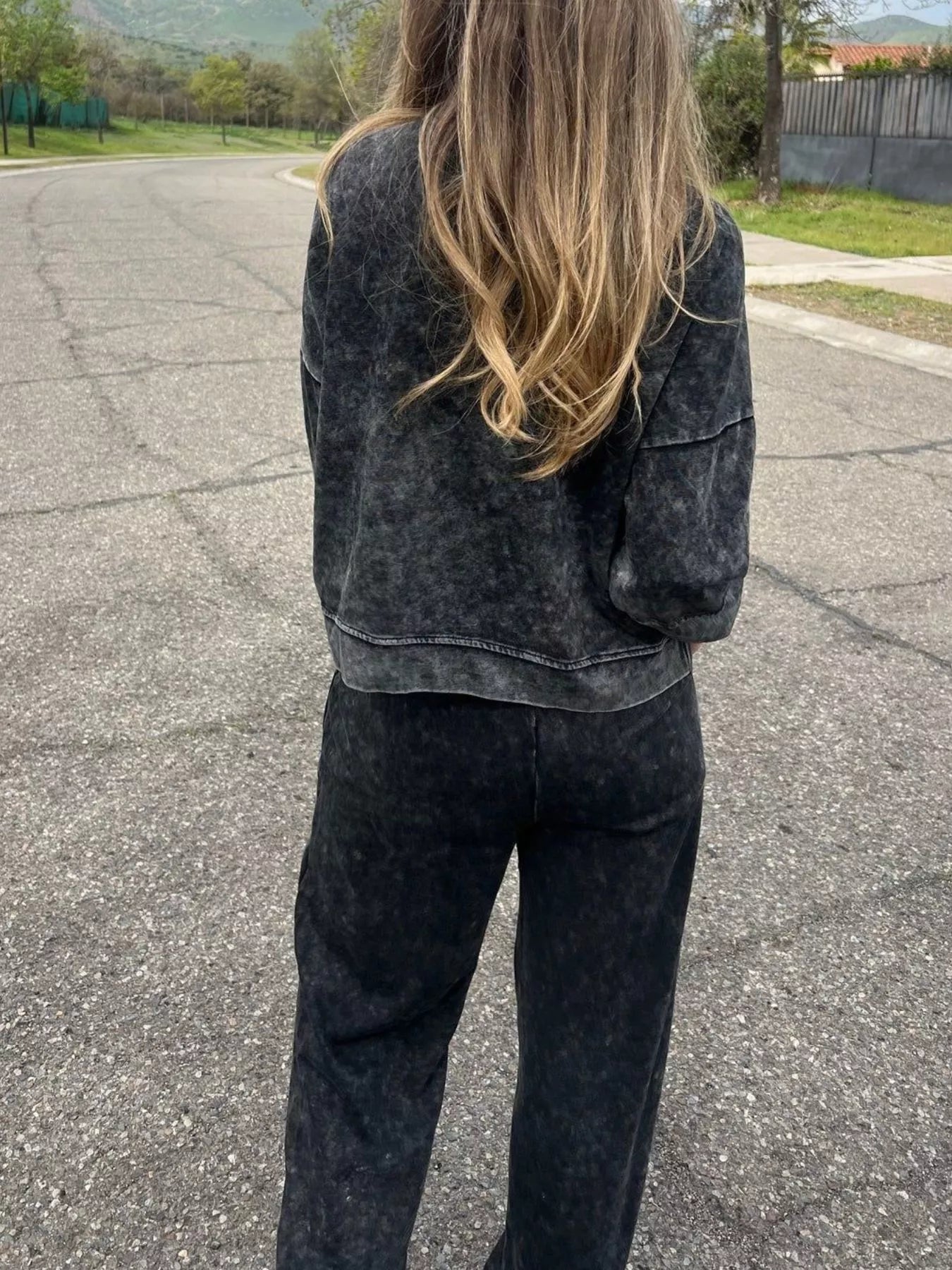 Sarah Express Women's Full Size Washed Round Neck Top and Drawstring Pants Set Plus Size