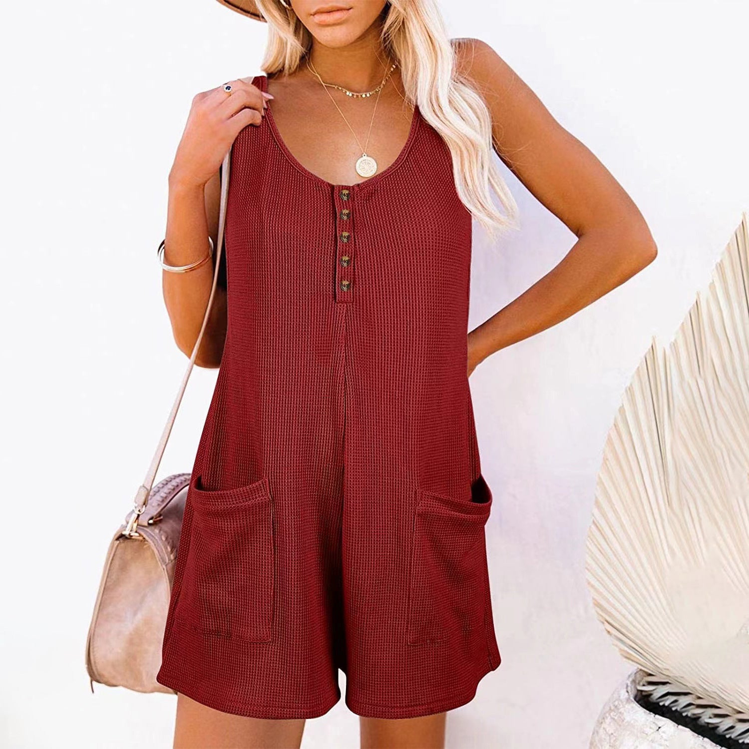 Women's Button Front Sleeveless Romper with Pockets