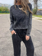 Sarah Express Women's Full Size Washed Round Neck Top and Drawstring Pants Set Plus Size