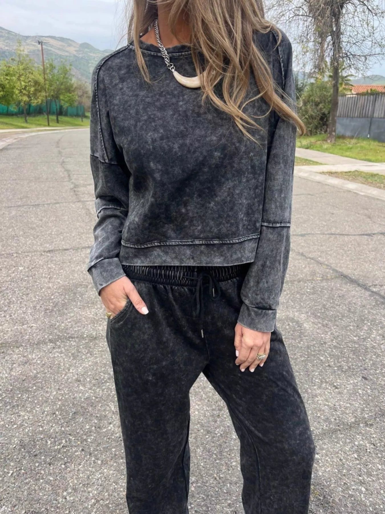 Sarah Express Women's Full Size Washed Round Neck Top and Drawstring Pants Set Plus Size