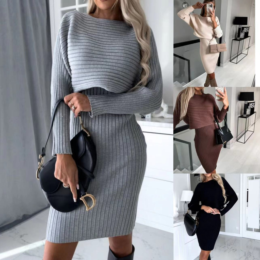 Women's Solid Color Sweater and Woolen Skirt Two-Piece Matching Set