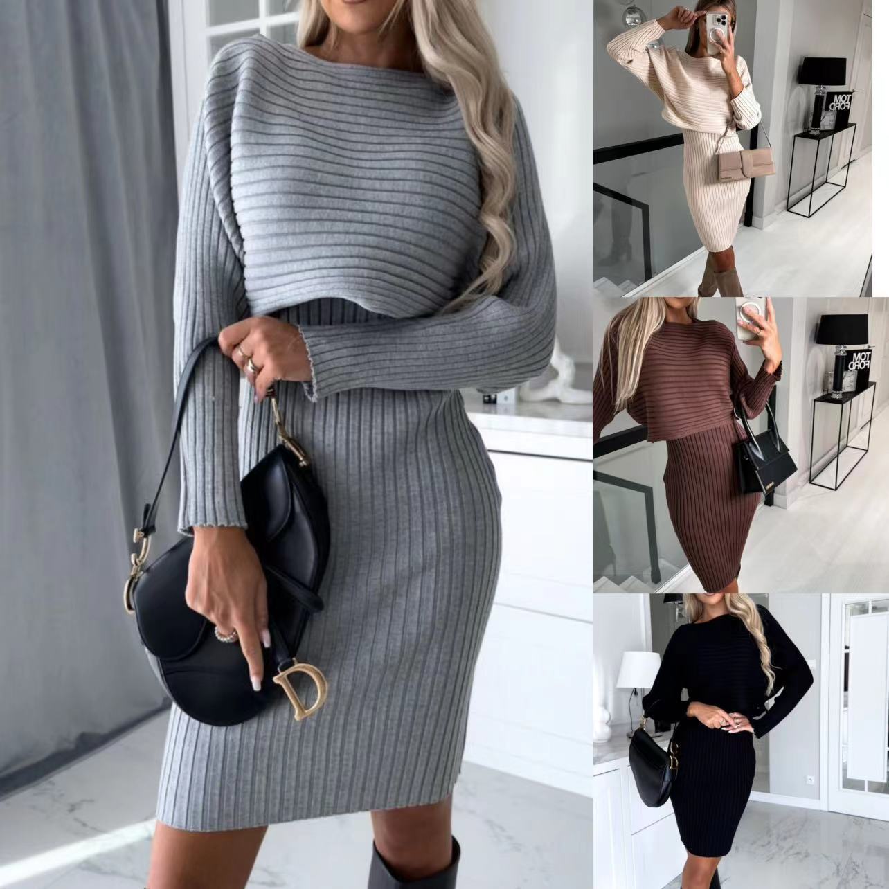 Women's Solid Color Sweater and Woolen Skirt Two-Piece Matching Set