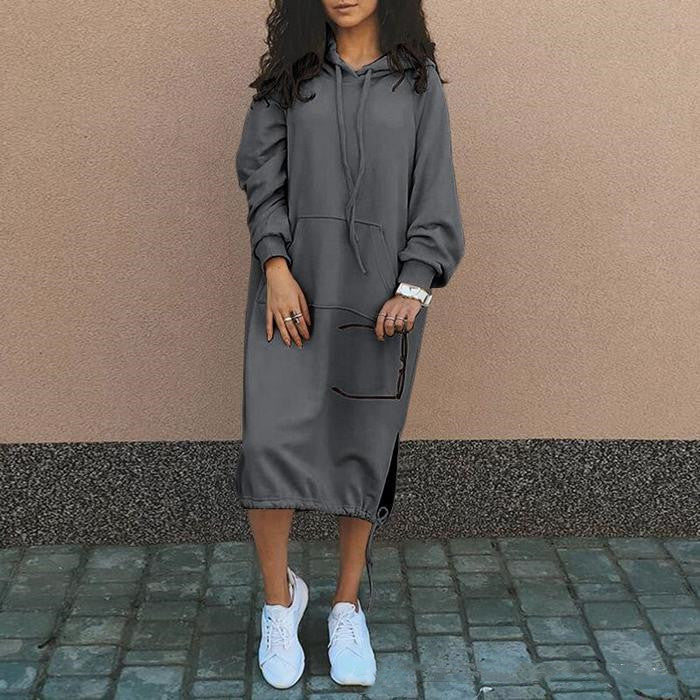 Women's Hooded Sweatshirt Dress Long Sleeve Midi Casual Pockets
