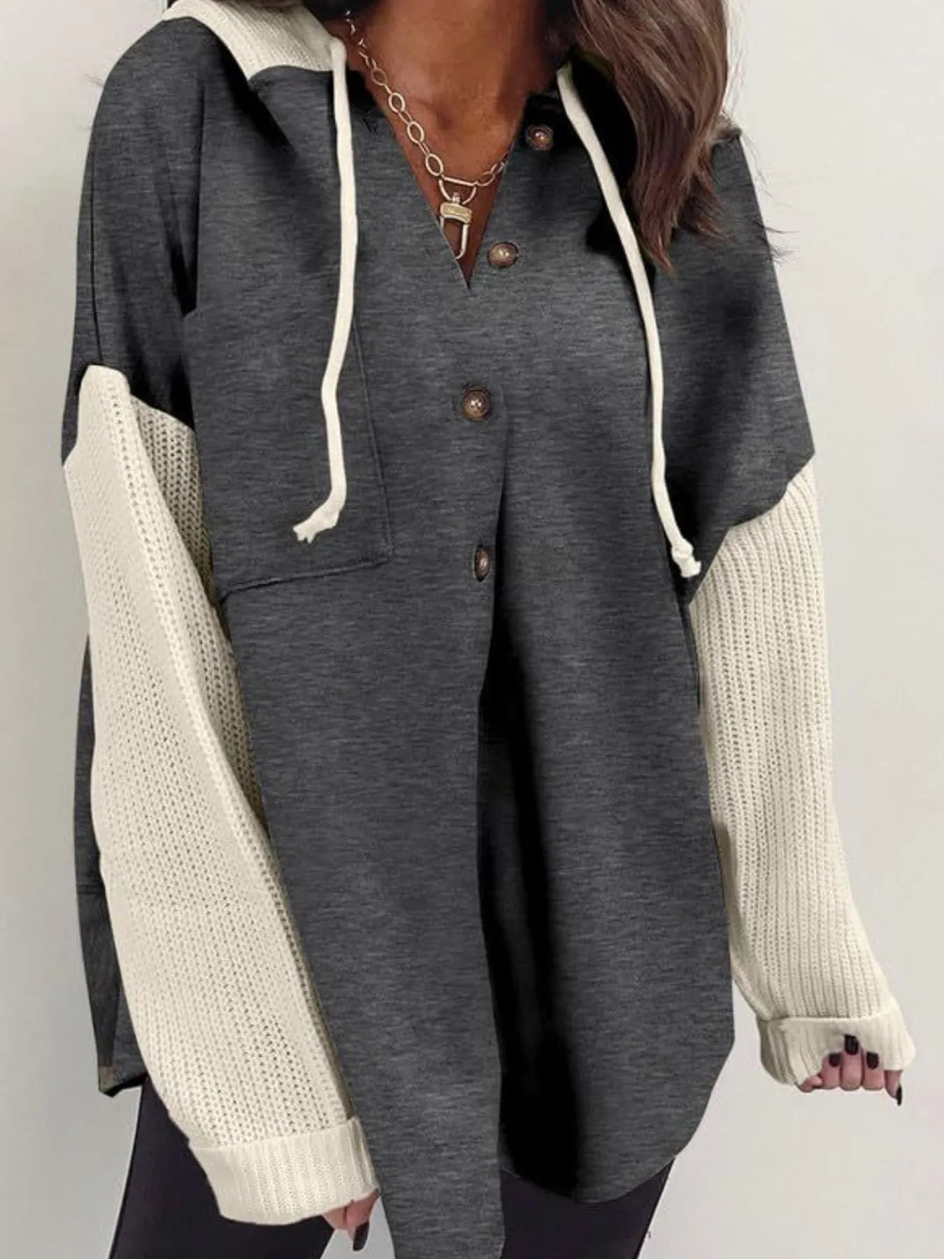 Sarah Express Women's Drawstring Button Front Hoodie Dark Gray