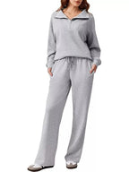 Sarah Express Women's Zip Collar Dropped Shoulder Top and Pants Set Light Gray