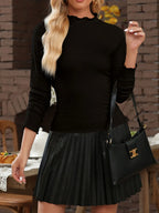 Sarah Express Women's Ribbed Knit Lettuce Trim Mock Neck Long Sleeve Top