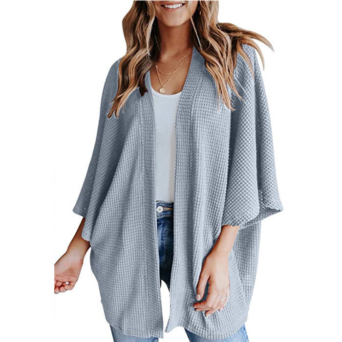 Women's Waffle Knit Bat Sleeve V-Neck Cardigan