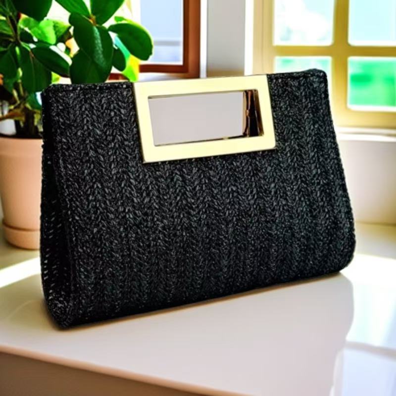 Sarah Express Women's Woven Chain Clutch Bag - Elegant Evening Handbag with Metal Accents Black