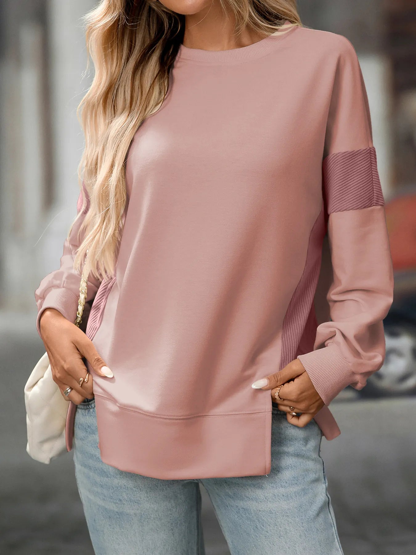 Sarah Express Women's Crew Neck Color-Blocked Drop-Shoulder Slit Sweatshirt Pink